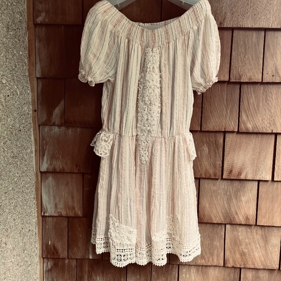 Chloe Laetitia Paris L Peasant Striped Gauze Romper Lace  Crochet Off Shoulder - Picture 1 of 16